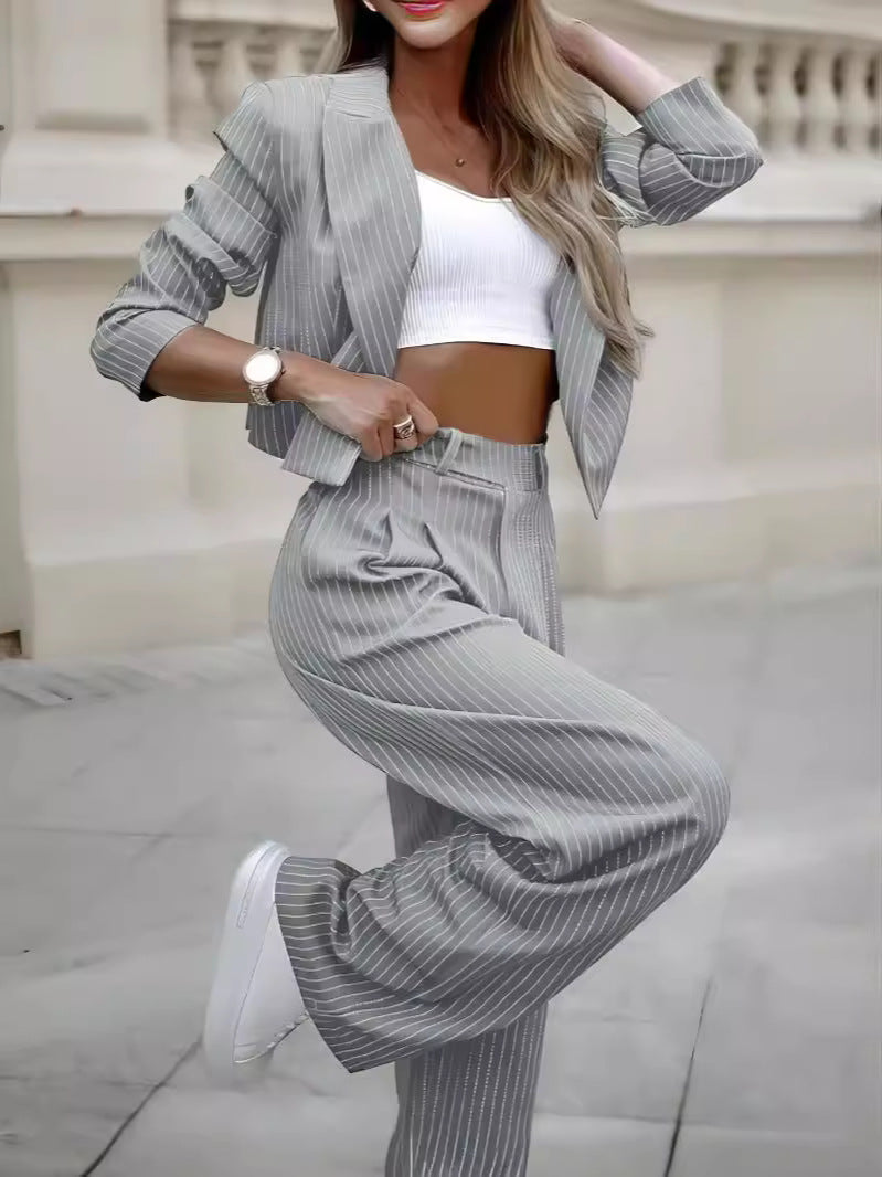 Women's Spring Fashion Striped Suits Casual Lapel Long Sleeve Cropped Top And Straight Pants Outfits Women's Clothing