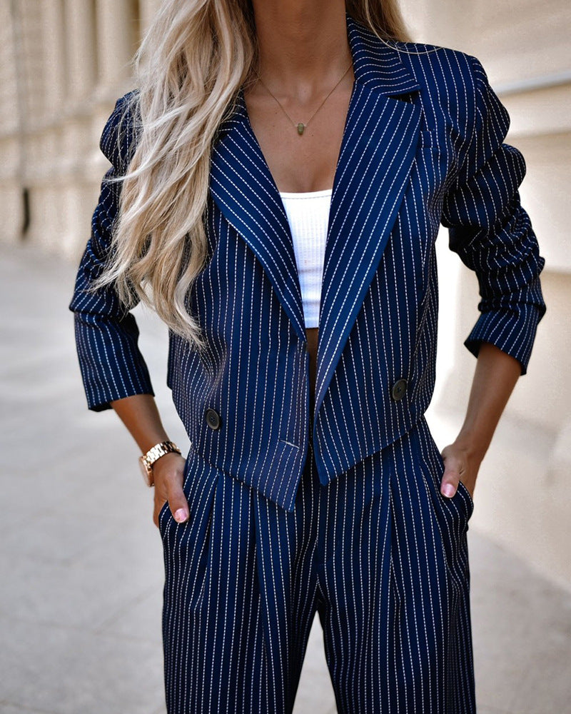 Women's Spring Fashion Striped Suits Casual Lapel Long Sleeve Cropped Top And Straight Pants Outfits Women's Clothing
