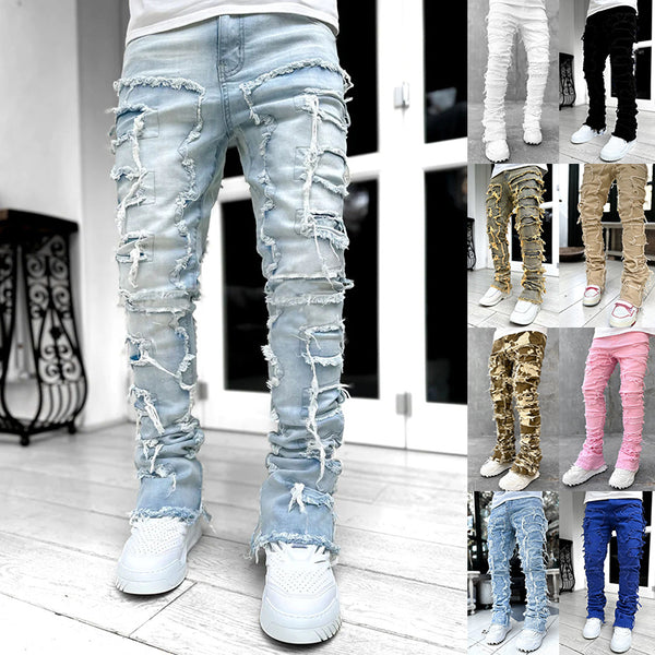 Ins Fringes Ripped Trousers Individual Patched Pants Long Tight Fit Stacked Jeans For Mens Clothing