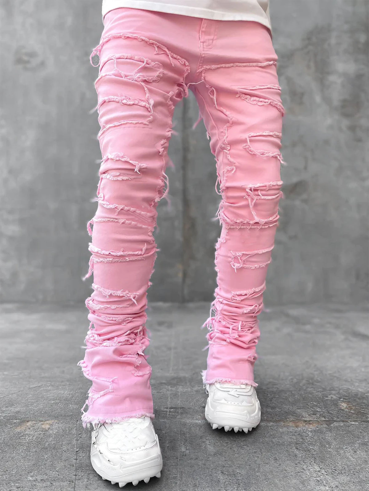 Ins Fringes Ripped Trousers Individual Patched Pants Long Tight Fit Stacked Jeans For Mens Clothing
