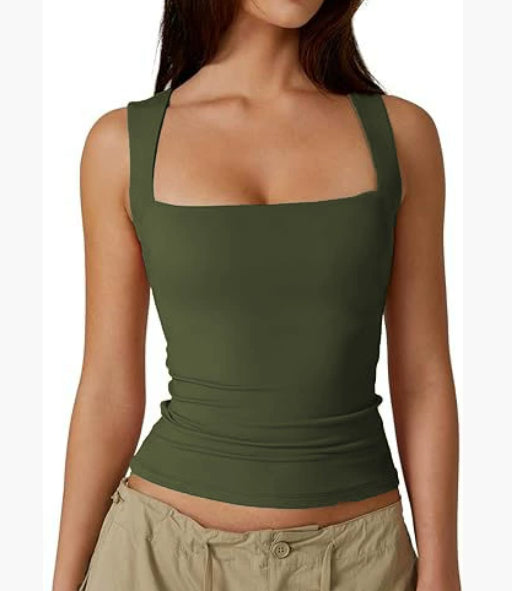 Summer Square-neck Tank Vest Ins Fashion Slim Solid Sleeveless Tops For Women Clothing